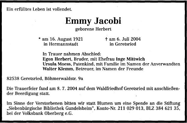 Herbert Emma 1921-2004 Todesanzeige